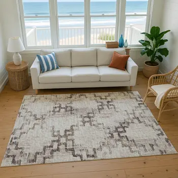 8' X 10' Coffee And Ivory Tribal Washable Area Rug With UV Protection