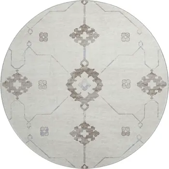 8' Taupe And Ivory Floral Medallion Washable Round Rug With UV Protection