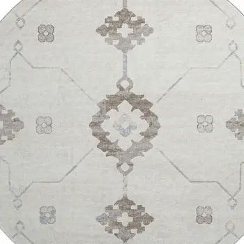 8' Taupe And Ivory Floral Medallion Washable Round Rug With UV Protection