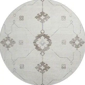 8' Taupe And Ivory Floral Medallion Washable Round Rug With UV Protection