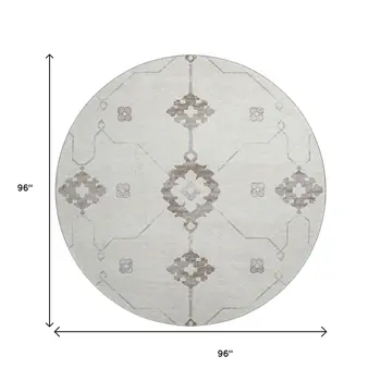 8' Taupe And Ivory Floral Medallion Washable Round Rug With UV Protection