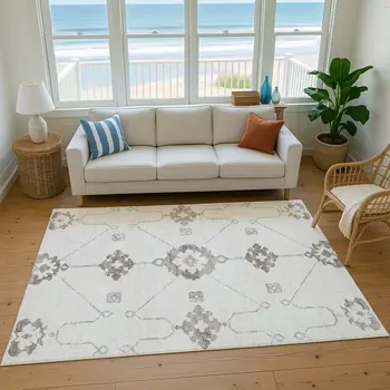 9' X 12' Taupe And Ivory Floral Medallion Washable Area Rug With UV Protection