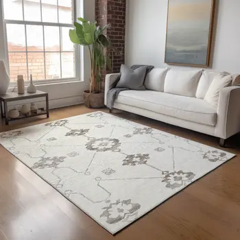 9' X 12' Taupe And Ivory Floral Medallion Washable Area Rug With UV Protection