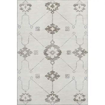 9' X 12' Taupe And Ivory Floral Medallion Washable Area Rug With UV Protection