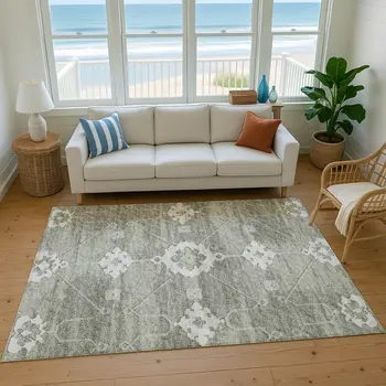 3' X 5' Olive Green And Ivory Floral Medallion Washable Area Rug With UV Protection