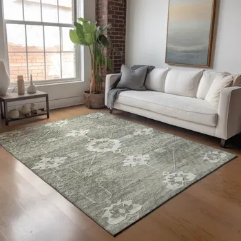 3' X 5' Olive Green And Ivory Floral Medallion Washable Area Rug With UV Protection