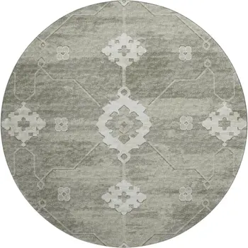 8' Olive Green And Ivory Floral Medallion Washable Round Rug With UV Protection