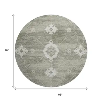 8' Olive Green And Ivory Floral Medallion Washable Round Rug With UV Protection
