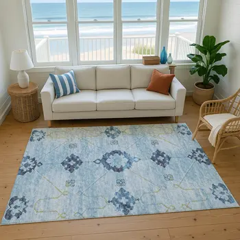 3' X 5' Blue And Olive Green Floral Medallion Washable Area Rug With UV Protection