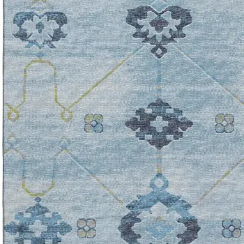3' X 5' Blue And Olive Green Floral Medallion Washable Area Rug With UV Protection