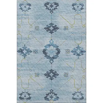 3' X 5' Blue And Olive Green Floral Medallion Washable Area Rug With UV Protection