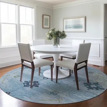 8' Blue And Olive Green Floral Medallion Washable Round Rug With UV Protection