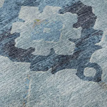 8' Blue And Olive Green Floral Medallion Washable Round Rug With UV Protection