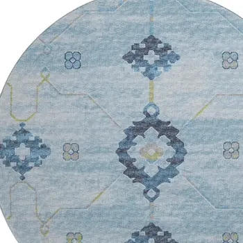 8' Blue And Olive Green Floral Medallion Washable Round Rug With UV Protection