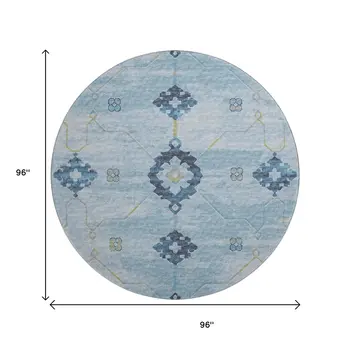 8' Blue And Olive Green Floral Medallion Washable Round Rug With UV Protection