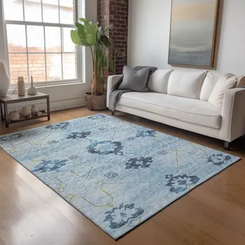 8' X 10' Blue And Olive Green Floral Medallion Washable Area Rug With UV Protection