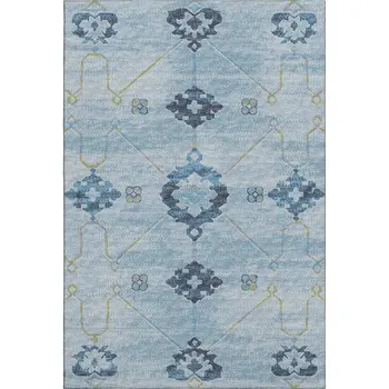 8' X 10' Blue And Olive Green Floral Medallion Washable Area Rug With UV Protection