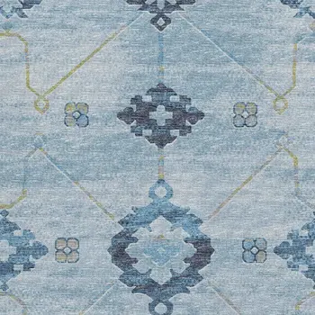9' X 12' Blue And Olive Green Floral Medallion Washable Area Rug With UV Protection