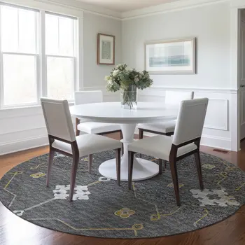8' Gray Ivory And Gold Floral Medallion Washable Round Rug With UV Protection