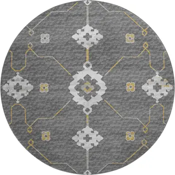 8' Gray Ivory And Gold Floral Medallion Washable Round Rug With UV Protection