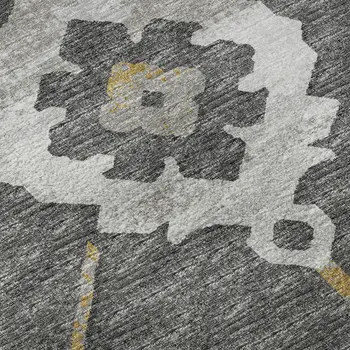 8' Gray Ivory And Gold Floral Medallion Washable Round Rug With UV Protection