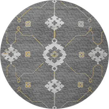 8' Gray Ivory And Gold Floral Medallion Washable Round Rug With UV Protection