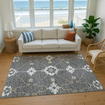 9' X 12' Gray Ivory And Gold Floral Medallion Washable Area Rug With UV Protection
