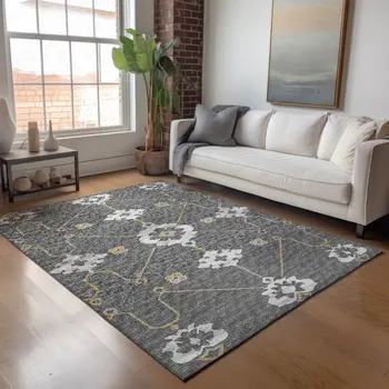 9' X 12' Gray Ivory And Gold Floral Medallion Washable Area Rug With UV Protection