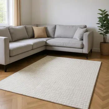 8' X 10' Linen And Ivory Houndstooth Washable Area Rug With UV Protection