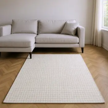 10' X 14' Linen And Ivory Houndstooth Washable Area Rug With UV Protection