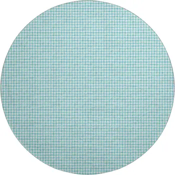 8' Aqua And White Houndstooth Washable Round Rug With UV Protection