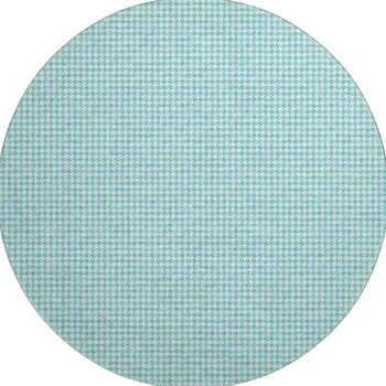8' Aqua And White Houndstooth Washable Round Rug With UV Protection