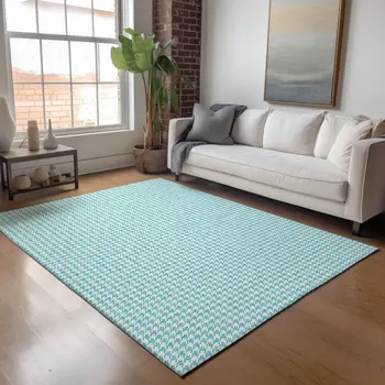 8' X 10' Aqua And White Houndstooth Washable Area Rug With UV Protection