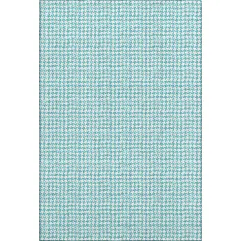 8' X 10' Aqua And White Houndstooth Washable Area Rug With UV Protection