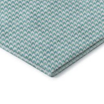 8' X 10' Aqua And White Houndstooth Washable Area Rug With UV Protection