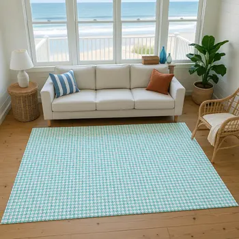 9' X 12' Aqua And White Houndstooth Washable Area Rug With UV Protection