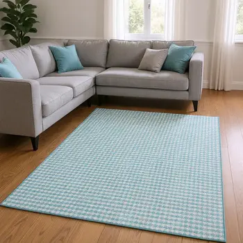 9' X 12' Aqua And White Houndstooth Washable Area Rug With UV Protection