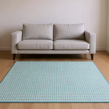 10' X 14' Aqua And White Houndstooth Washable Area Rug With UV Protection
