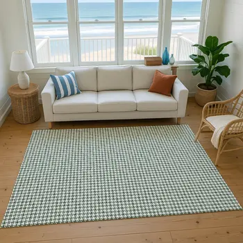 3' X 5' Green And White Houndstooth Washable Area Rug With UV Protection