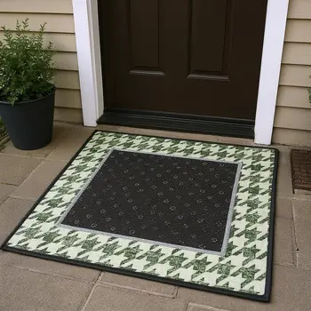 3' X 5' Green And White Houndstooth Washable Area Rug With UV Protection