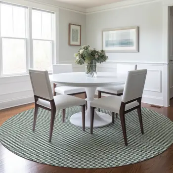 8' Green And White Houndstooth Washable Round Rug With UV Protection
