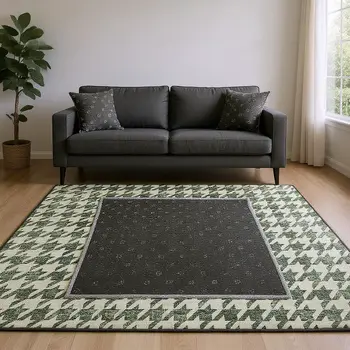 9' X 12' Green And White Houndstooth Washable Area Rug With UV Protection