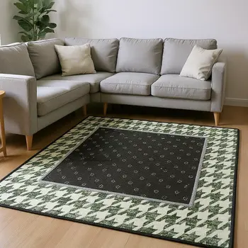 10' X 14' Green And White Houndstooth Washable Area Rug With UV Protection