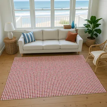 3' X 5' Red And White Houndstooth Washable Area Rug With UV Protection