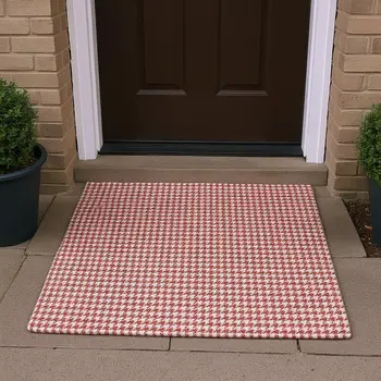 3' X 5' Red And White Houndstooth Washable Area Rug With UV Protection