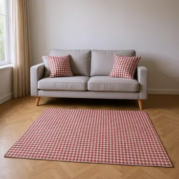 5' X 8' Red And White Houndstooth Washable Area Rug With UV Protection