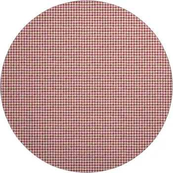 8' Red And White Houndstooth Washable Round Rug With UV Protection