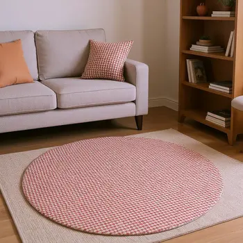 8' Red And White Houndstooth Washable Round Rug With UV Protection
