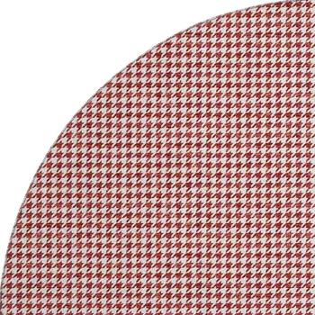 8' Red And White Houndstooth Washable Round Rug With UV Protection