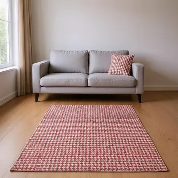 9' X 12' Red And White Houndstooth Washable Area Rug With UV Protection